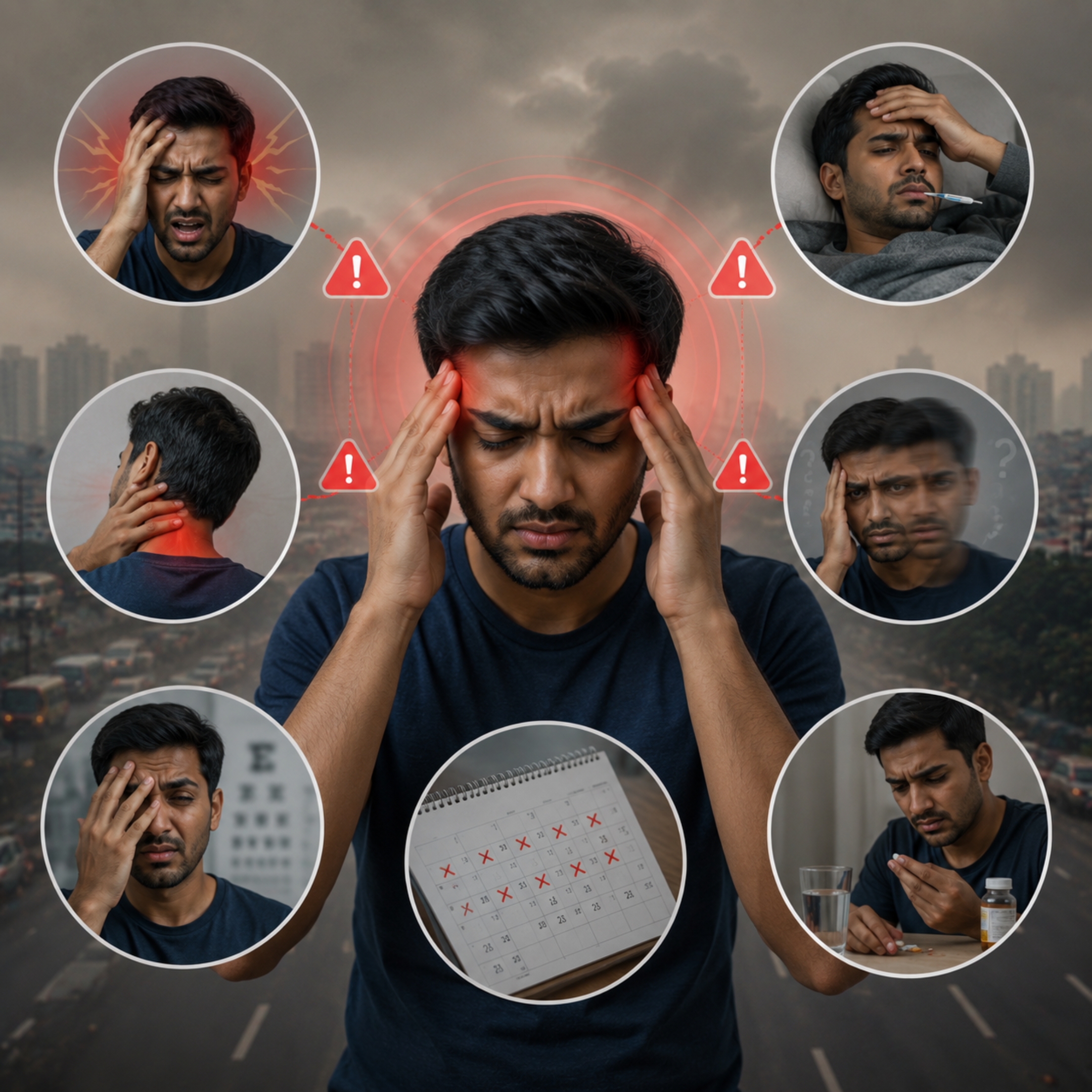 Common migraine triggers made worse by air pollution including poor sleep dehydration stress screen time and skipped meals