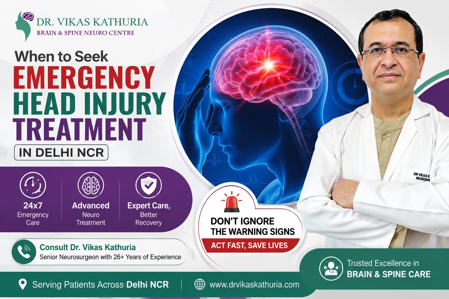 Emergency head injury treatment in Delhi NCR by Dr. Vikas Kathuria, expert neurosurgeon providing advanced brain injury care and emergency neurosurgery.