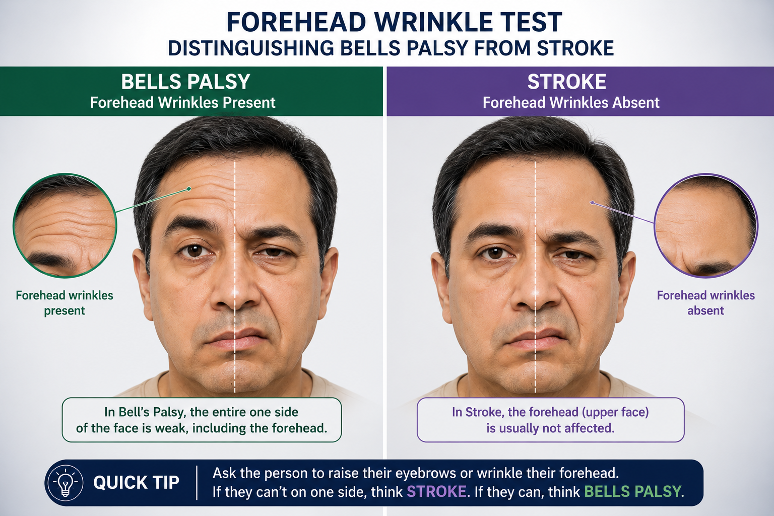 Forehead wrinkle test comparing Bell's Palsy and stroke facial droop
