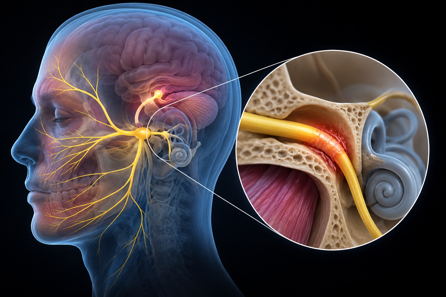 Diagram showing facial nerve pathway affected in Bell's Palsy
