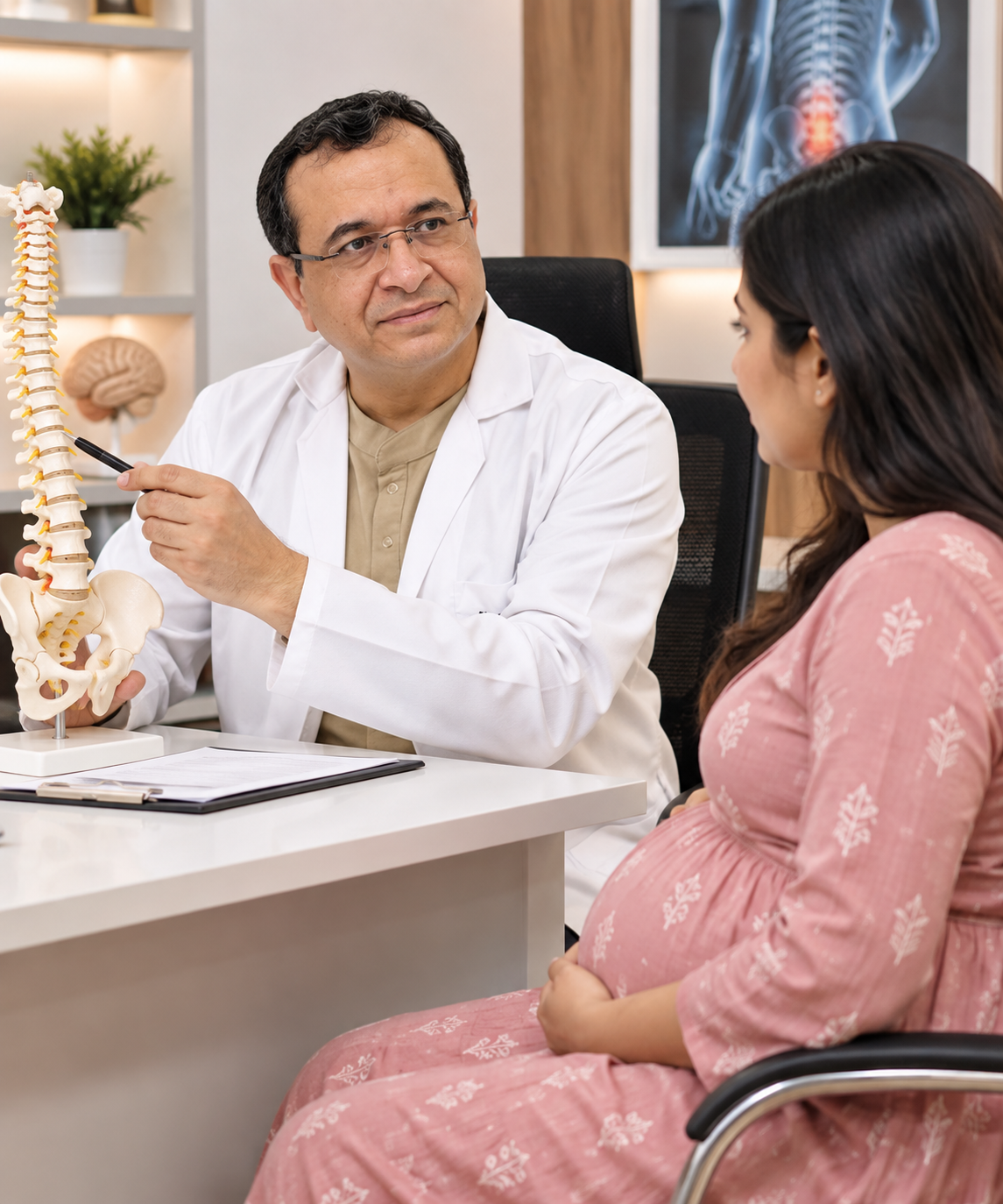 Dr. Vikas Kathuria consulting a patient about back pain treatment at his Gurgaon clinic