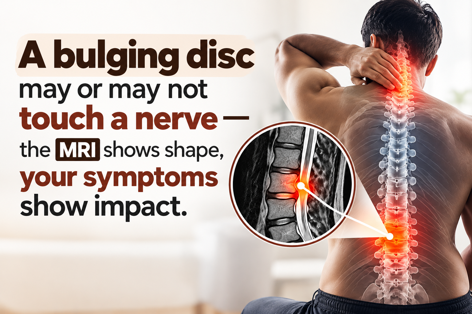 Illustration of a bulging disc pressing on a spinal nerve, explaining a disc bulge MRI report