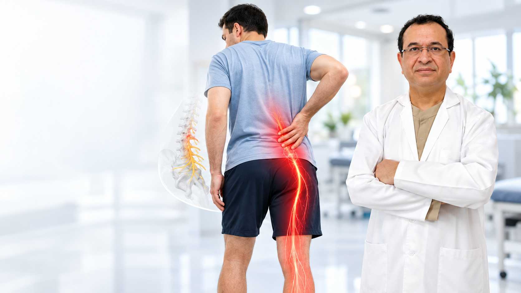 Illustration of slip disc pressing on spinal nerve causing sciatica pain before slip disc surgery in Gurgaon